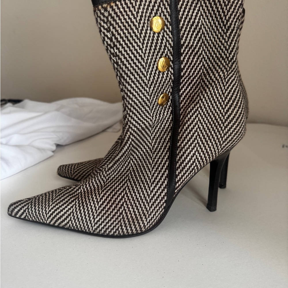 Baby Phat Deep Brown and White Heeled Boots with Stiletto Heel